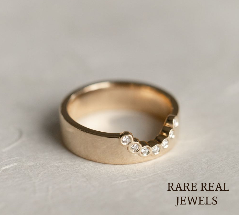 Curved Diamond Wedding Band, 14K Yellow Gold Bezel Diamond Ring, Lab Diamond Contour Band, Stackable Bridal Ring