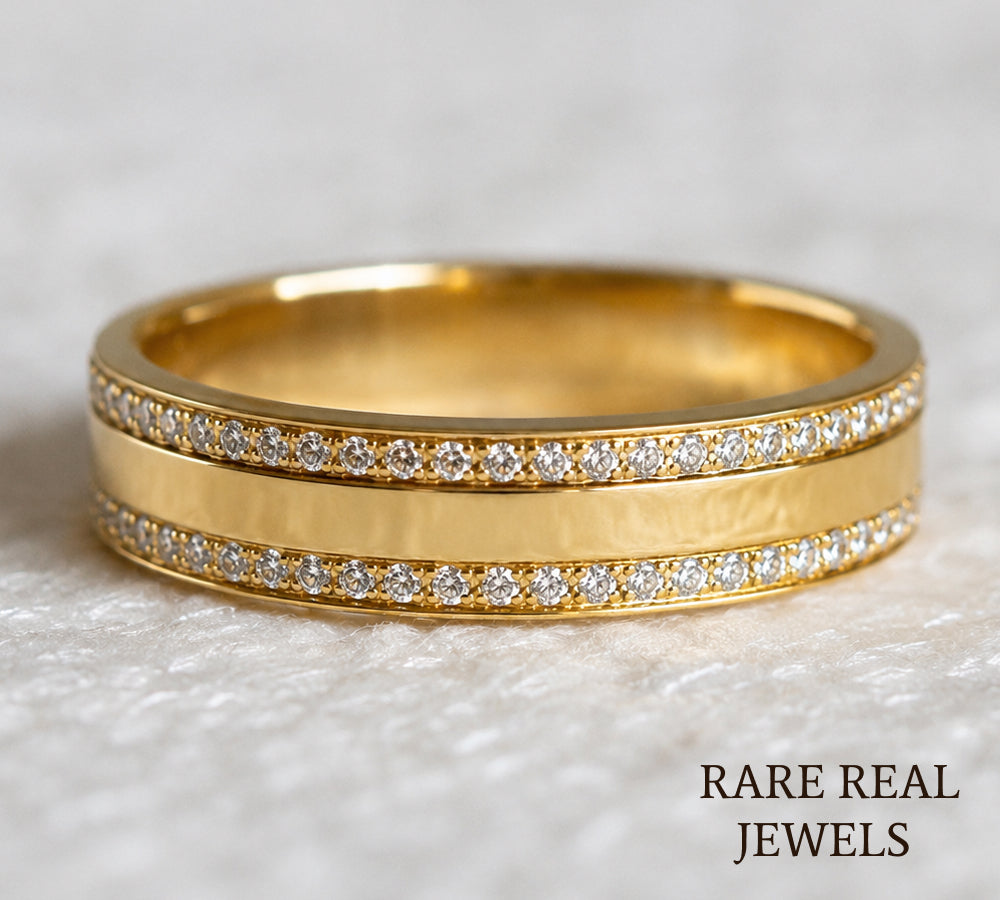 Double Row Lab Diamond Wedding Band, 14K Yellow Gold Pave Diamond Ring, Stackable Anniversary Band, Minimalist Bridal Ring