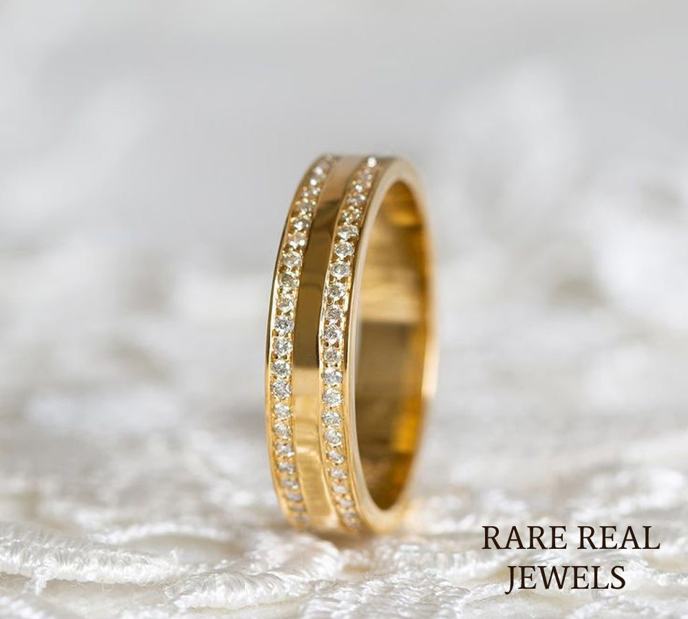 Double Row Lab Diamond Wedding Band, 14K Yellow Gold Pave Diamond Ring, Stackable Anniversary Band, Minimalist Bridal Ring