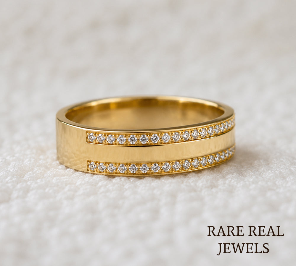 Double Row Lab Diamond Wedding Band, 14K Yellow Gold Pave Diamond Ring, Stackable Anniversary Band, Minimalist Bridal Ring