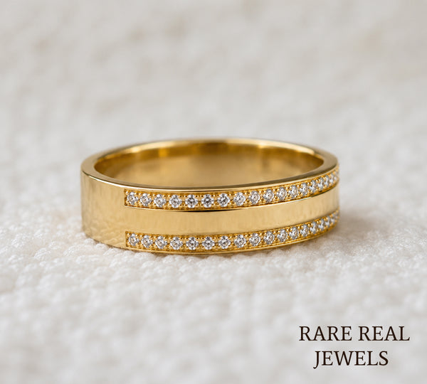 Double Row Lab Diamond Wedding Band, 14K Yellow Gold Pave Diamond Ring, Stackable Anniversary Band, Minimalist Bridal Ring