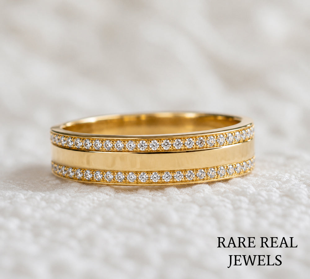 Double Row Lab Diamond Wedding Band, 14K Yellow Gold Pave Diamond Ring, Stackable Anniversary Band, Minimalist Bridal Ring