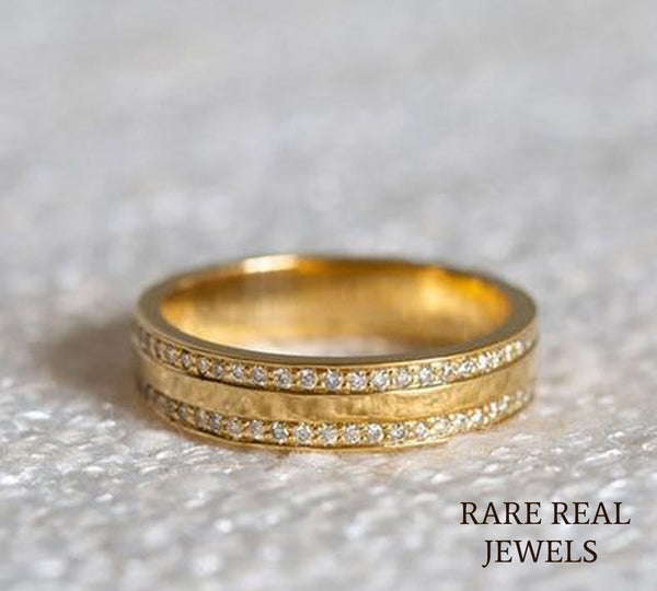 Double Row Lab Diamond Wedding Band, 14K Yellow Gold Pave Diamond Ring, Stackable Anniversary Band, Minimalist Bridal Ring