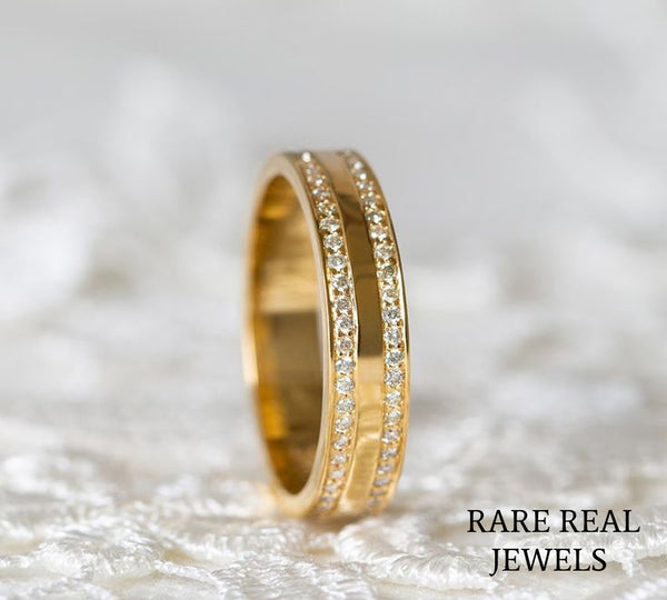 Double Row Lab Diamond Wedding Band, 14K Yellow Gold Pave Diamond Ring, Stackable Anniversary Band, Minimalist Bridal Ring