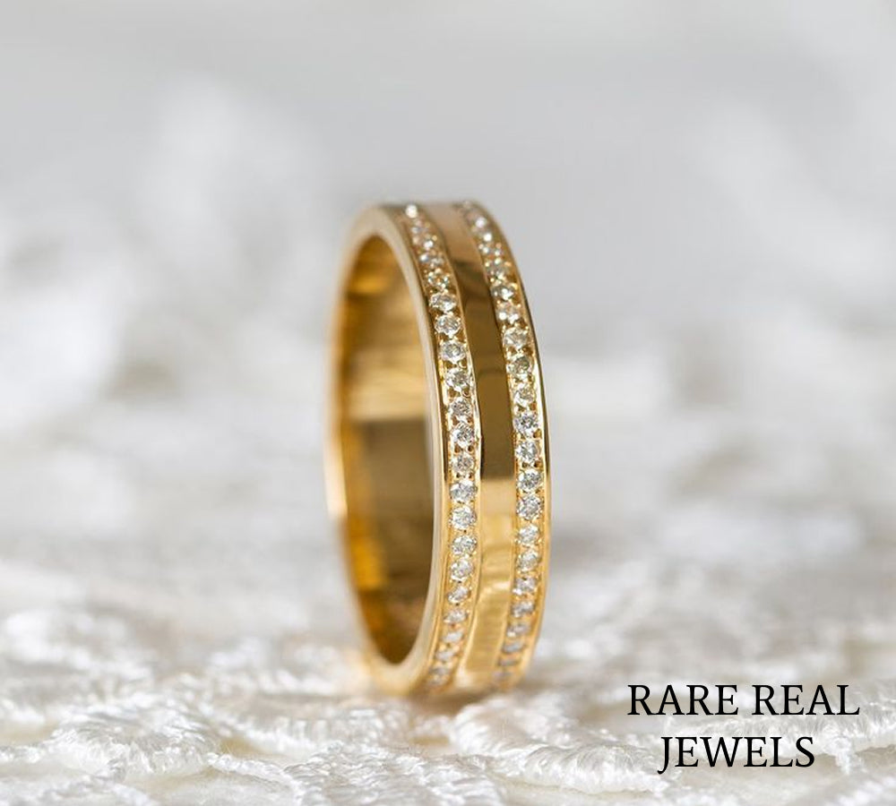 Double Row Lab Diamond Wedding Band, 14K Yellow Gold Pave Diamond Ring, Stackable Anniversary Band, Minimalist Bridal Ring