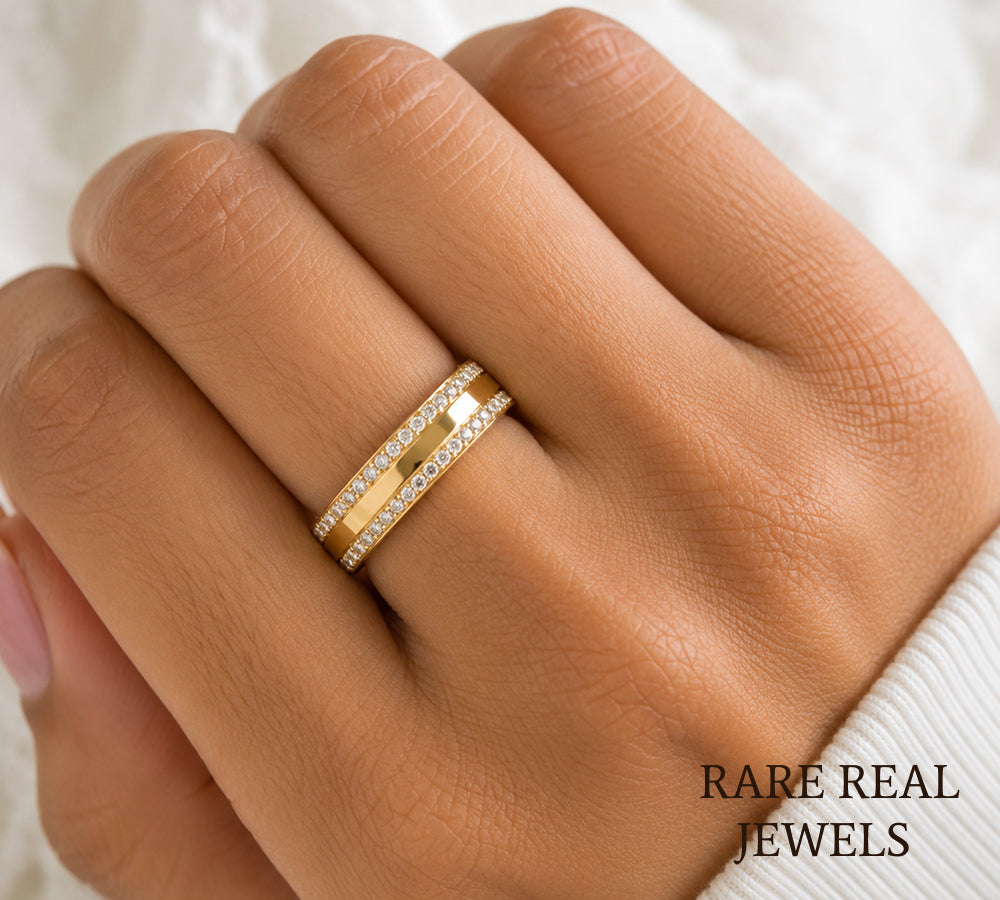 Double Row Lab Diamond Wedding Band, 14K Yellow Gold Pave Diamond Ring, Stackable Anniversary Band, Minimalist Bridal Ring