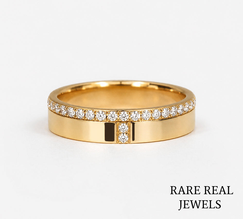 Diamond Cross Wedding Band, 14K Yellow Gold Pave Ring, Lab Diamond Anniversary Ring, Minimalist Stackable Band