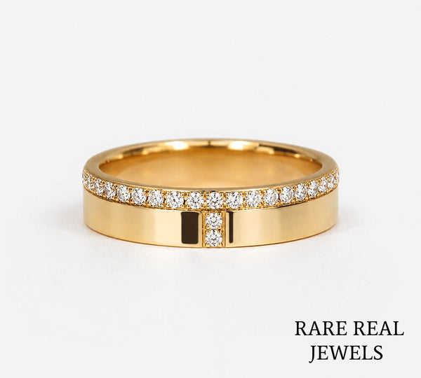 Diamond Cross Wedding Band, 14K Yellow Gold Pave Ring, Lab Diamond Anniversary Ring, Minimalist Stackable Band