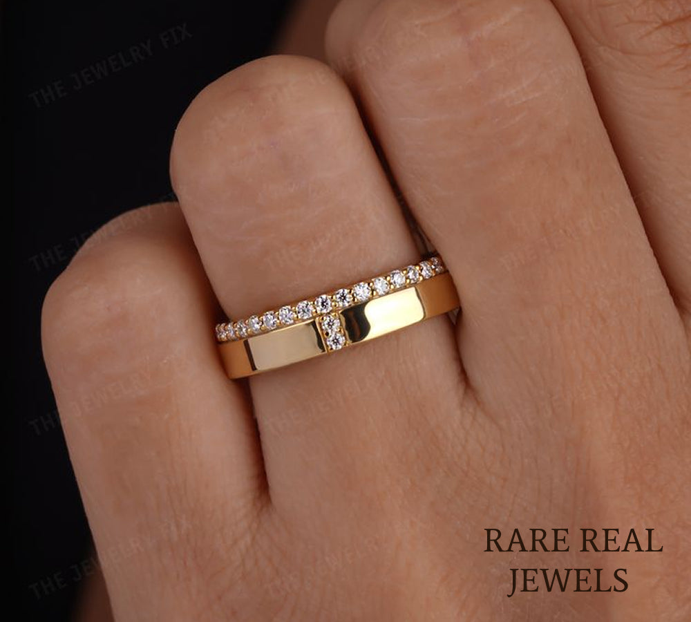 Diamond Cross Wedding Band, 14K Yellow Gold Pave Ring, Lab Diamond Anniversary Ring, Minimalist Stackable Band
