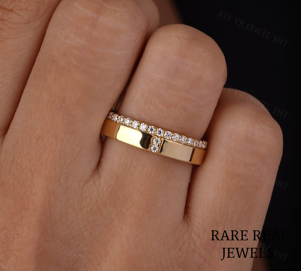 Diamond Cross Wedding Band, 14K Yellow Gold Pave Ring, Lab Diamond Anniversary Ring, Minimalist Stackable Band