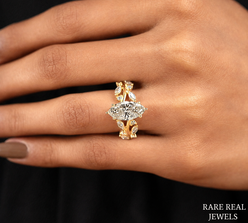 Marquise Cut Lab Grown Diamond Engagement Ring, Nature Inspired Yellow Gold Ring, Unique Bridal Proposal Ring