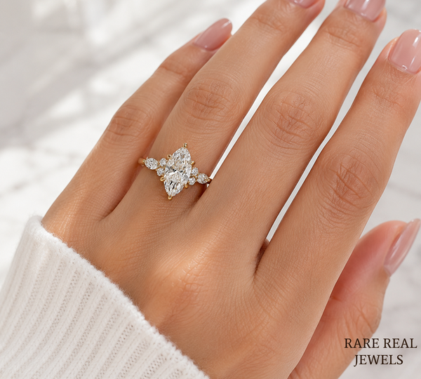 Marquise Diamond Engagement Ring Genuine Lab Grown Diamond Anniversary Ring Unique Proposal Ring for Her Six Claw Prong Setting Ring Gift