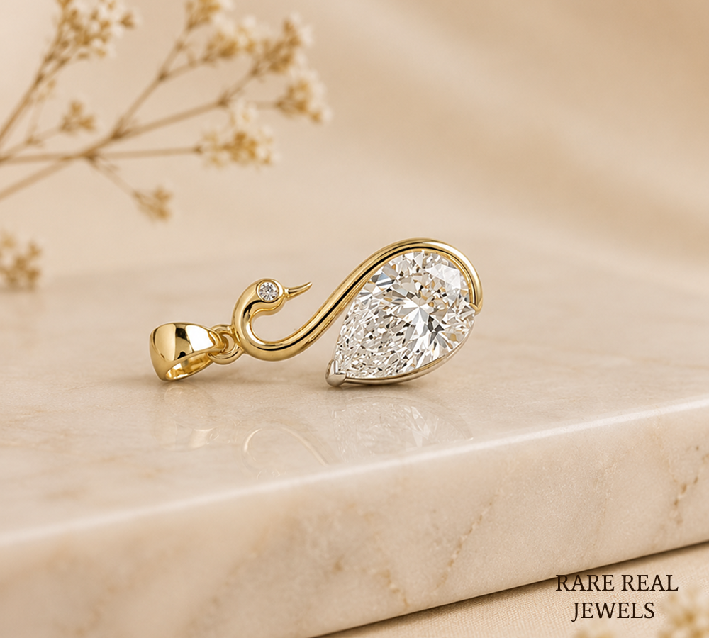 Pear Cut Lab Grown Diamond Swan Pendant, Lab Created Diamond Solitaire Pendant, Yellow Gold Pendant, Gift For Her