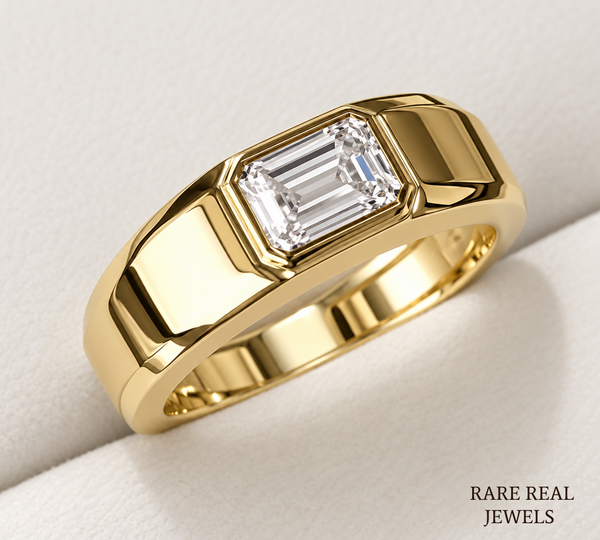 Men's Emerald Cut Diamond Signet Ring, Bezel Set Gold Ring, Lab Grown Diamond Wedding Band for Him