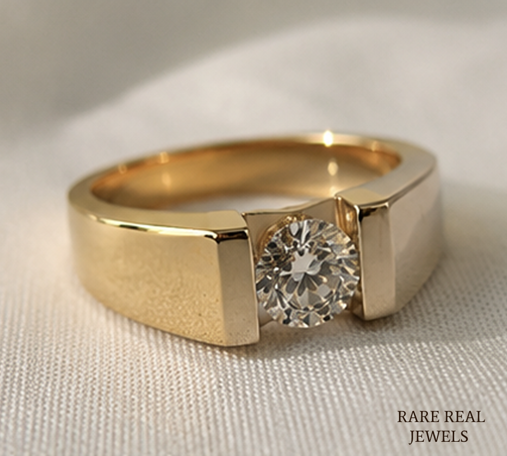 Men's Round Cut Lab Grown Diamond Signet Ring, 14K Yellow Gold Solitaire Ring, Luxury Wedding Band, Statement Ring