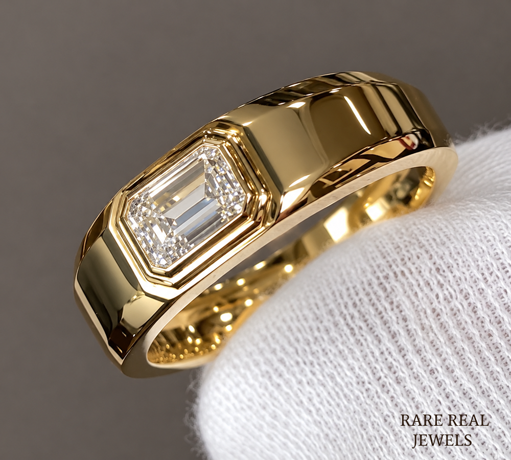 Men's Emerald Cut Diamond Signet Ring, Bezel Set Gold Ring, Lab Grown Diamond Wedding Band for Him