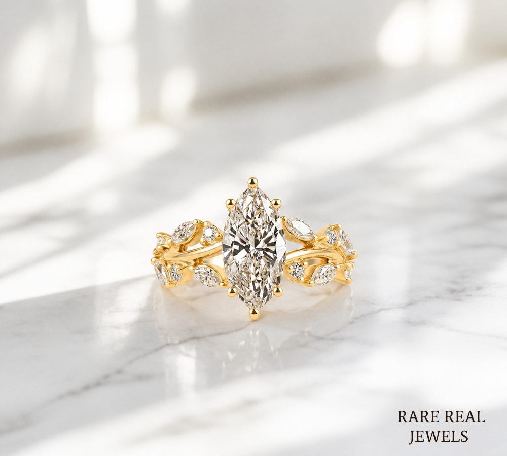 Marquise Cut Lab Grown Diamond Engagement Ring, Nature Inspired Yellow Gold Ring, Unique Bridal Proposal Ring