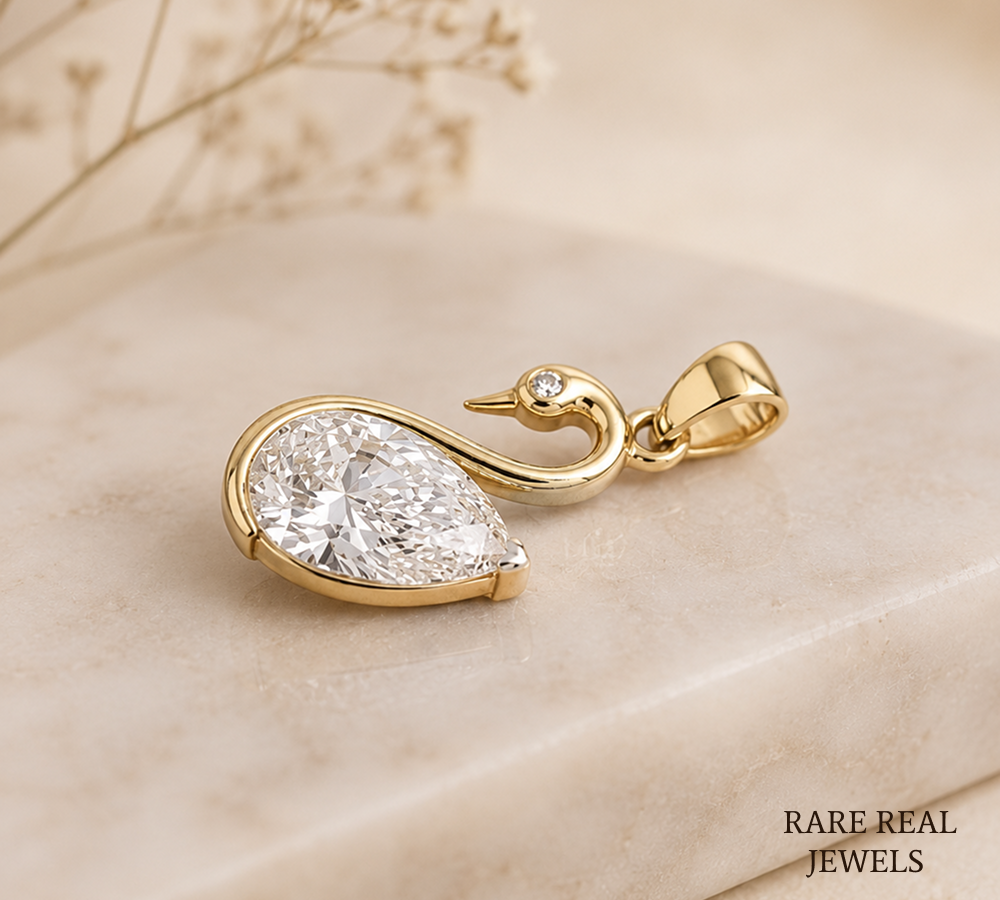 Pear Cut Lab Grown Diamond Swan Pendant, Lab Created Diamond Solitaire Pendant, Yellow Gold Pendant, Gift For Her