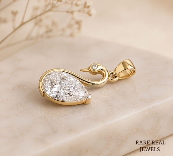 Pear Cut Lab Grown Diamond Swan Pendant, Lab Created Diamond Solitaire Pendant, Yellow Gold Pendant, Gift For Her