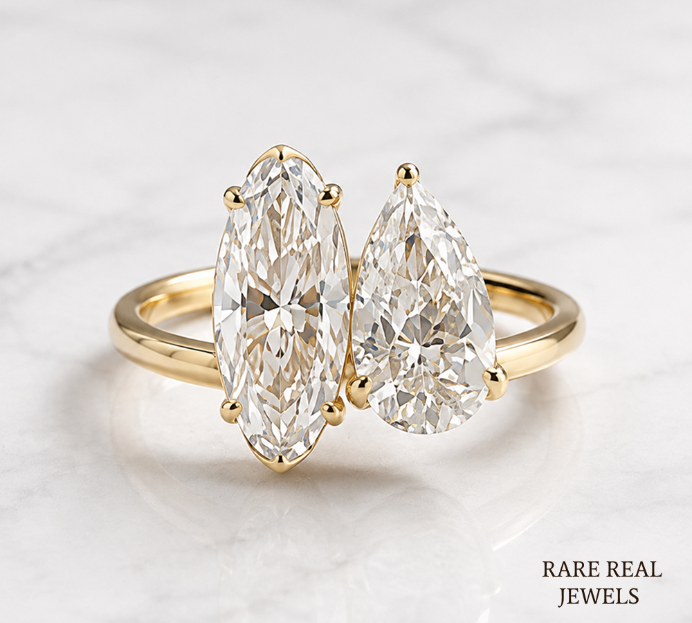 Pear & Oval Cut Lab Grown Diamond Toi et Moi Engagement Ring, 14K Yellow Gold Two Stone Bridal Ring