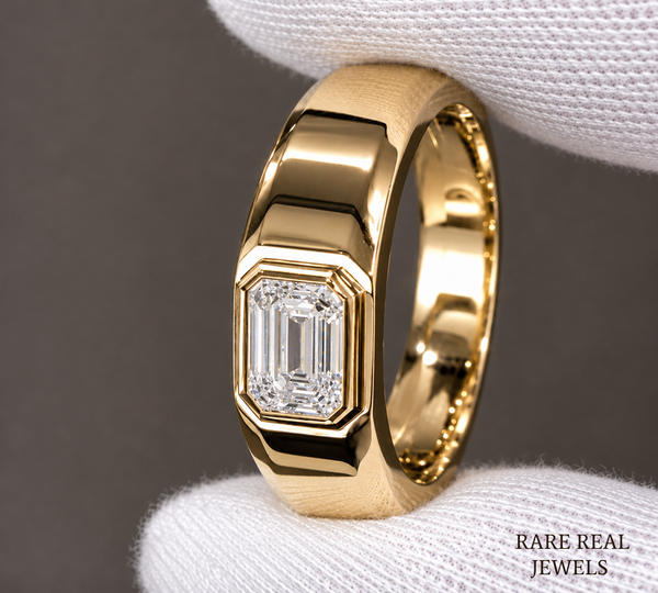 Men's Emerald Cut Diamond Signet Ring, Bezel Set Gold Ring, Lab Grown Diamond Wedding Band for Him