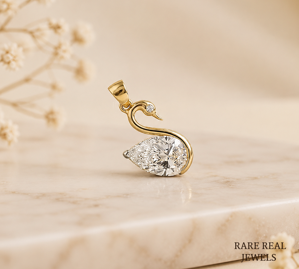 Pear Cut Lab Grown Diamond Swan Pendant, Lab Created Diamond Solitaire Pendant, Yellow Gold Pendant, Gift For Her
