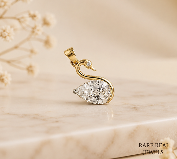Pear Cut Lab Grown Diamond Swan Pendant, Lab Created Diamond Solitaire Pendant, Yellow Gold Pendant, Gift For Her