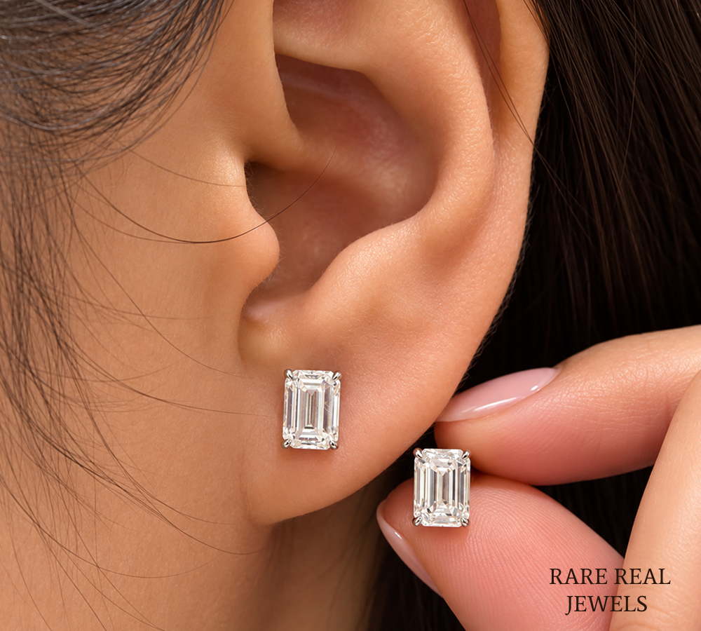 Emerald Cut Diamond Stud Earrings, Lab Grown Diamond Solitaire Studs, IGI Certified Earrings, Gift for Her, Bridal Jewelry