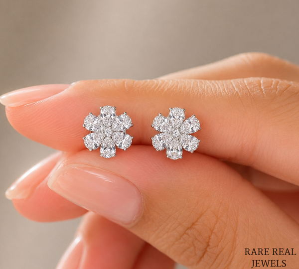 Flower Lab Grown Diamond Stud Earrings, Pear Cut Floral Cluster Earrings, White Gold Diamond Earrings Gift For Her