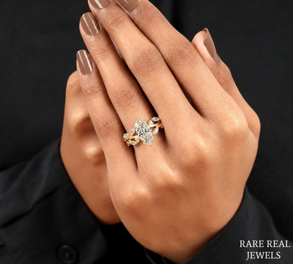 Marquise Cut Lab Grown Diamond Engagement Ring, Nature Inspired Yellow Gold Ring, Unique Bridal Proposal Ring