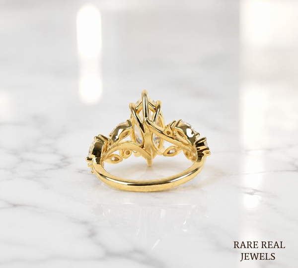 Marquise Cut Lab Grown Diamond Engagement Ring, Nature Inspired Yellow Gold Ring, Unique Bridal Proposal Ring