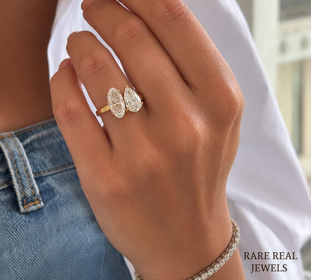 Pear & Oval Cut Lab Grown Diamond Toi et Moi Engagement Ring, 14K Yellow Gold Two Stone Bridal Ring