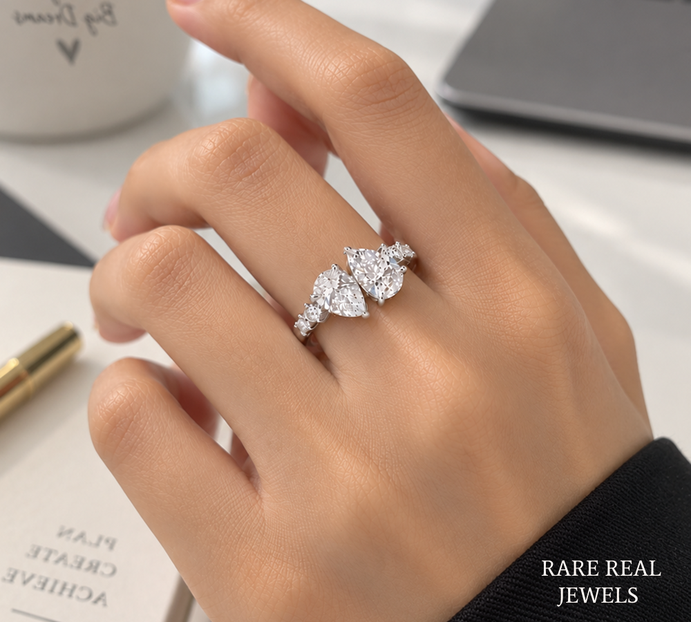 Pear Cut Toi Et Moi Diamond Engagement Ring, White Gold Bridal Ring, Double Pear Diamond Ring, Proposal Ring For Her