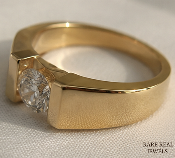 Men's Round Cut Lab Grown Diamond Signet Ring, 14K Yellow Gold Solitaire Ring, Luxury Wedding Band, Statement Ring