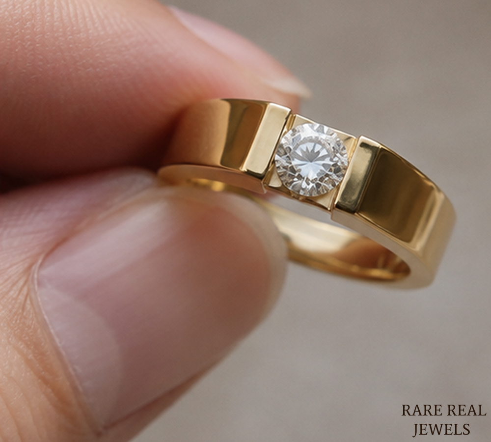 Men's Round Cut Lab Grown Diamond Signet Ring, 14K Yellow Gold Solitaire Ring, Luxury Wedding Band, Statement Ring