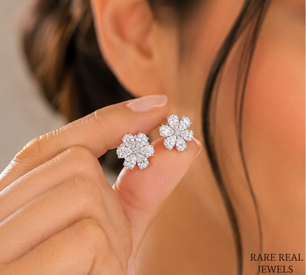 Flower Lab Grown Diamond Stud Earrings, Pear Cut Floral Cluster Earrings, White Gold Diamond Earrings Gift For Her