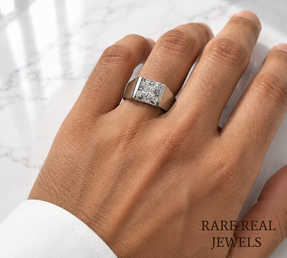 Princess Cut Lab Grown Diamond Men's Ring, White Gold Solitaire Engagement Ring, Signet Ring, Wedding Band Gift For Him