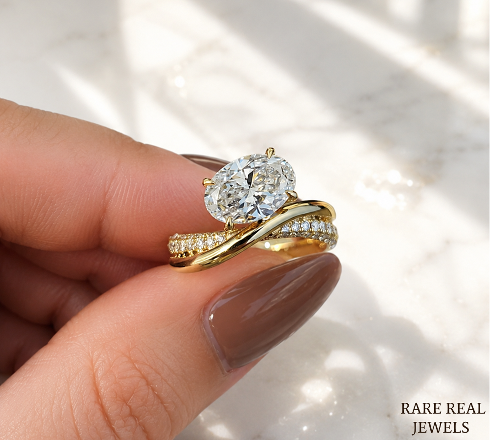 1.5 CT Oval Lab Grown Diamond Engagement Ring | Twisted Gold Band | Oval Solitaire Ring | Curved Diamond Wedding Ring | Modern Bridal Ring
