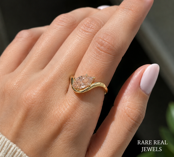 Pear Cut Lab Grown Diamond Engagement Ring, Yellow Gold Bypass Solitaire Ring, Modern Bridal Ring, Unique Proposal Ring