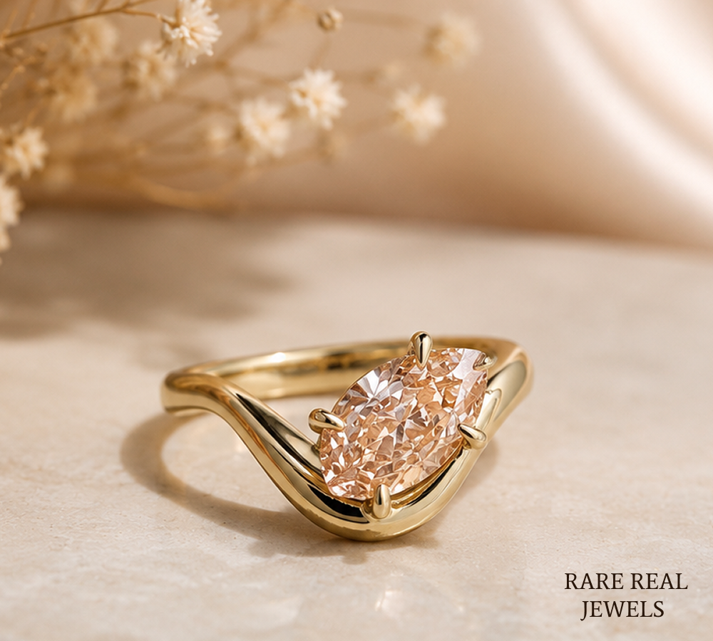 Pear Cut Lab Grown Diamond Engagement Ring, Yellow Gold Bypass Solitaire Ring, Modern Bridal Ring, Unique Proposal Ring