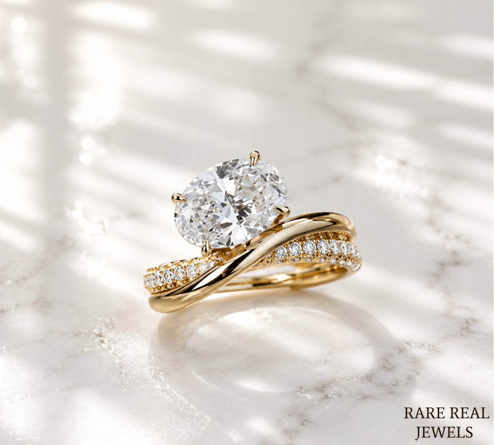 1.5 CT Oval Lab Grown Diamond Engagement Ring | Twisted Gold Band | Oval Solitaire Ring | Curved Diamond Wedding Ring | Modern Bridal Ring