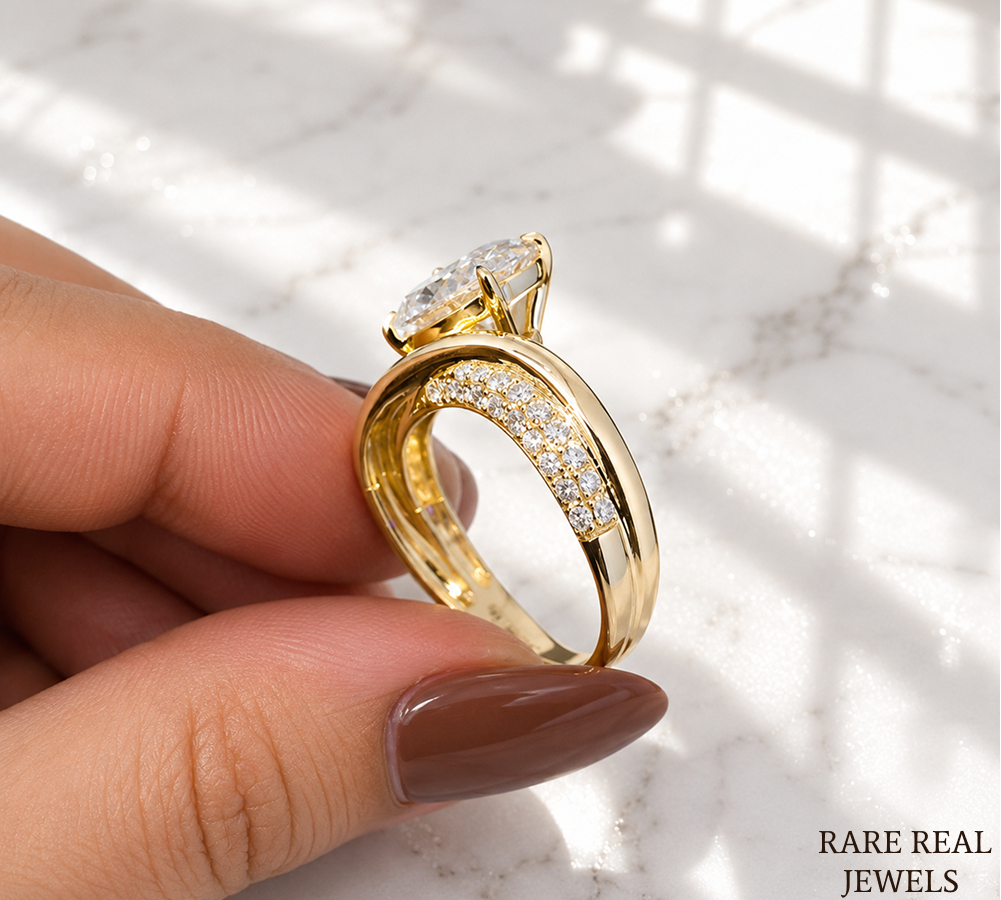 1.5 CT Oval Lab Grown Diamond Engagement Ring | Twisted Gold Band | Oval Solitaire Ring | Curved Diamond Wedding Ring | Modern Bridal Ring