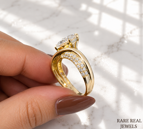 1.5 CT Oval Lab Grown Diamond Engagement Ring | Twisted Gold Band | Oval Solitaire Ring | Curved Diamond Wedding Ring | Modern Bridal Ring