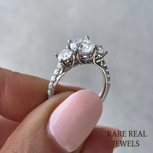 2.00ct Round Lab Grown Diamond Three Stone Pave Setting Engagement Ring mom's gift