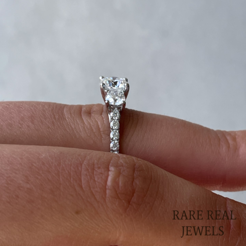 2.00ct Round Lab Grown Diamond Three Stone Pave Setting Engagement Ring mom's gift