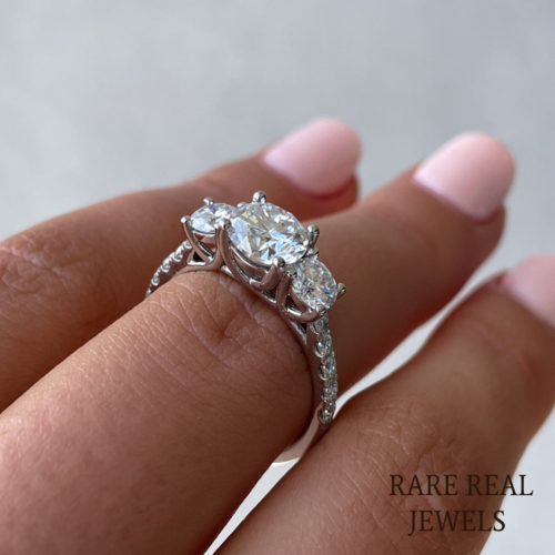 2.00ct Round Lab Grown Diamond Three Stone Pave Setting Engagement Ring mom's gift