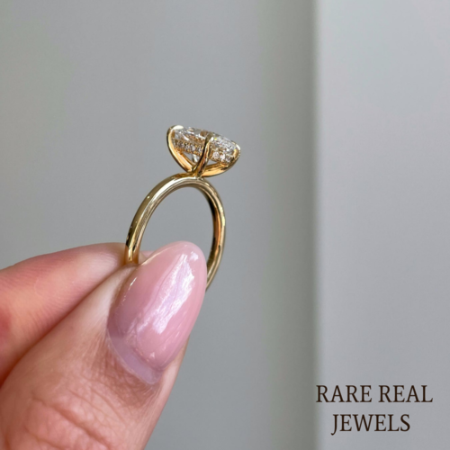 Oval Lab Grown Diamond Engagement Ring: Yellow Gold Solitaire with Hidden Halo