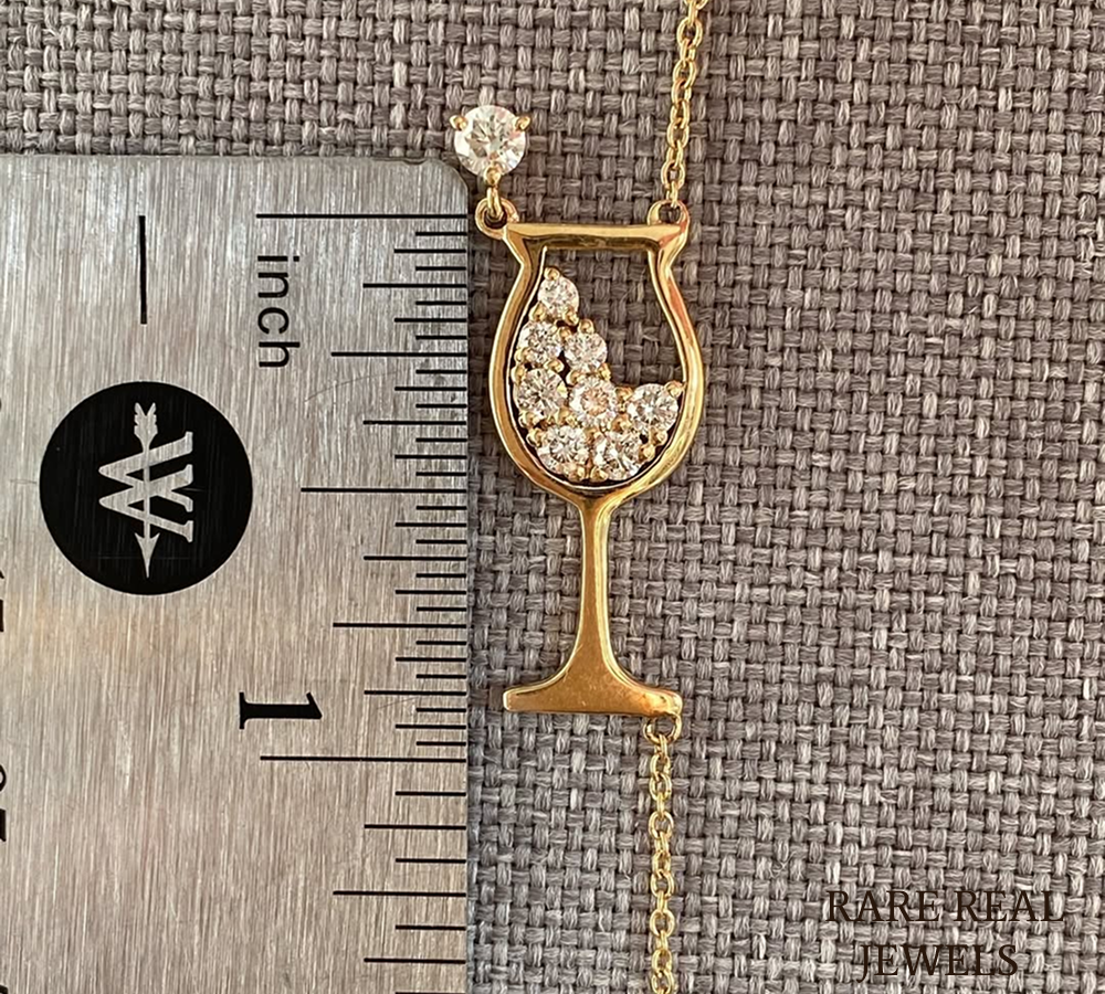 Wine Glass Diamond Pendant Necklace | 14K Yellow Gold | Adjustable 15”–17” | Dainty Celebration Jewelry,Lab Diamond Necklace