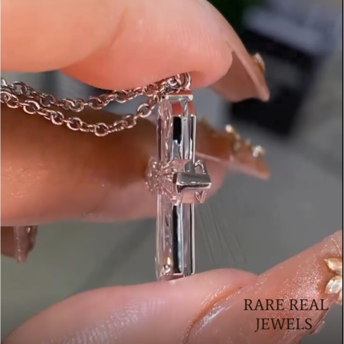 Baguette Lab Grown Diamond Cross Necklace: 14K White Gold Pendant