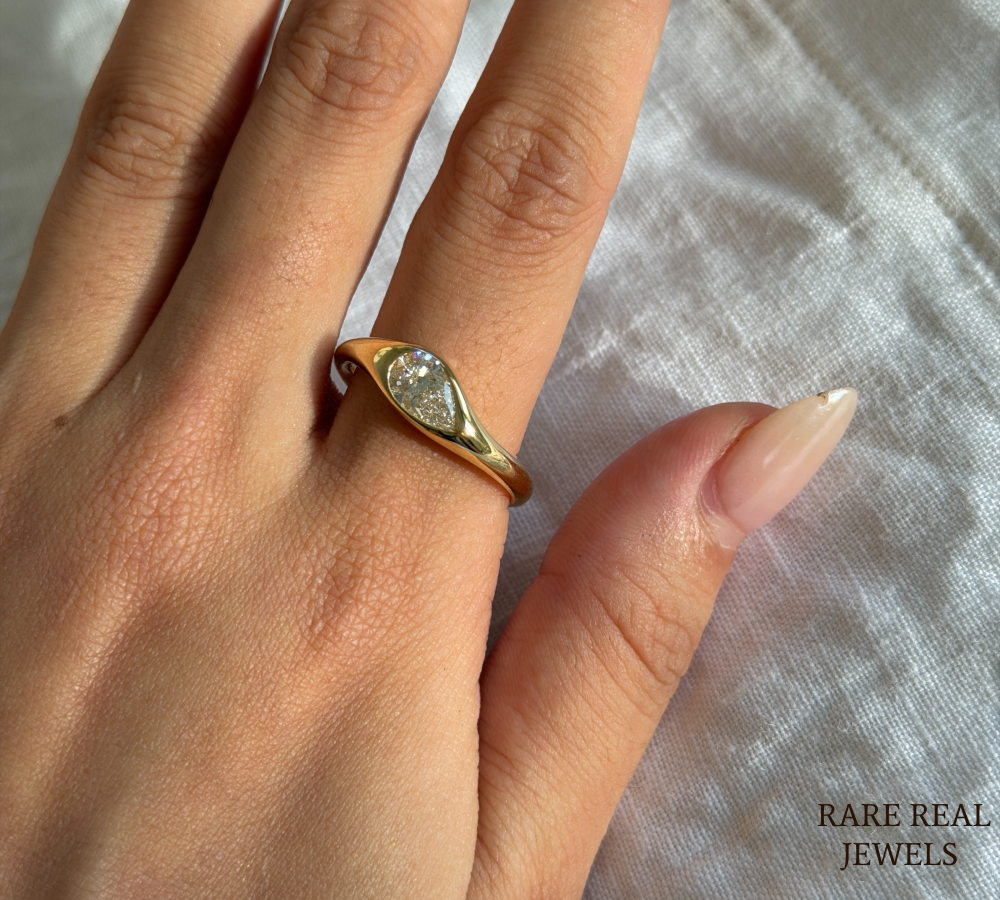 Pear Cut Lab Grown Diamond Ring, Bezel Set Solitaire Ring, Yellow Gold Engagement Ring, Minimalist Gift for Her Main image
